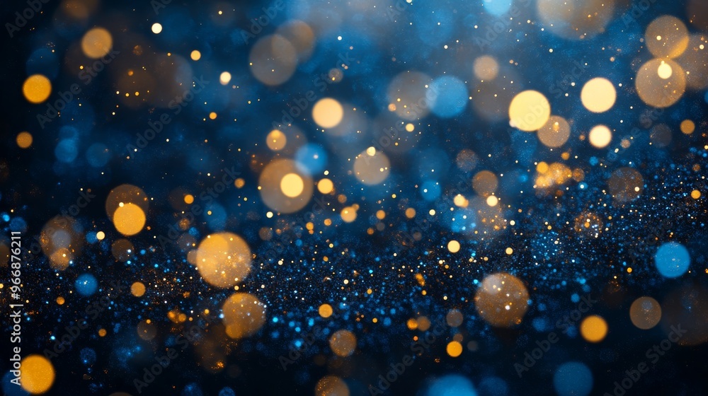 Dark blue particles blend with shimmering gold flecks, creating an enchanting visual effect that showcases the beauty of light and color in a captivating abstract arrangement Dark blue particles blend with shimmering gold flecks, creating an enchanting visual effect that showcases the beauty of light and color in a captivating abstract arrangement