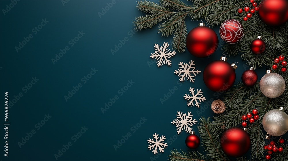 Festive Christmas decorations with red ornaments, snowflakes, and pine branches set against a dark blue background. Festive Christmas decorations with red ornaments, snowflakes, and pine branches set against a dark blue background.