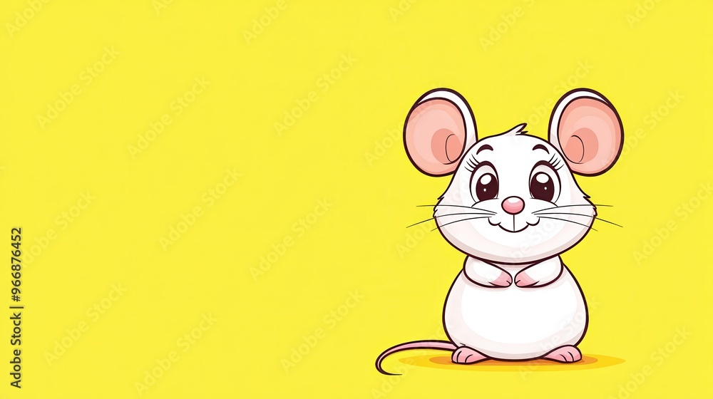 Cute Cartoon White Mouse on Yellow Background Cute Cartoon White Mouse on Yellow Background