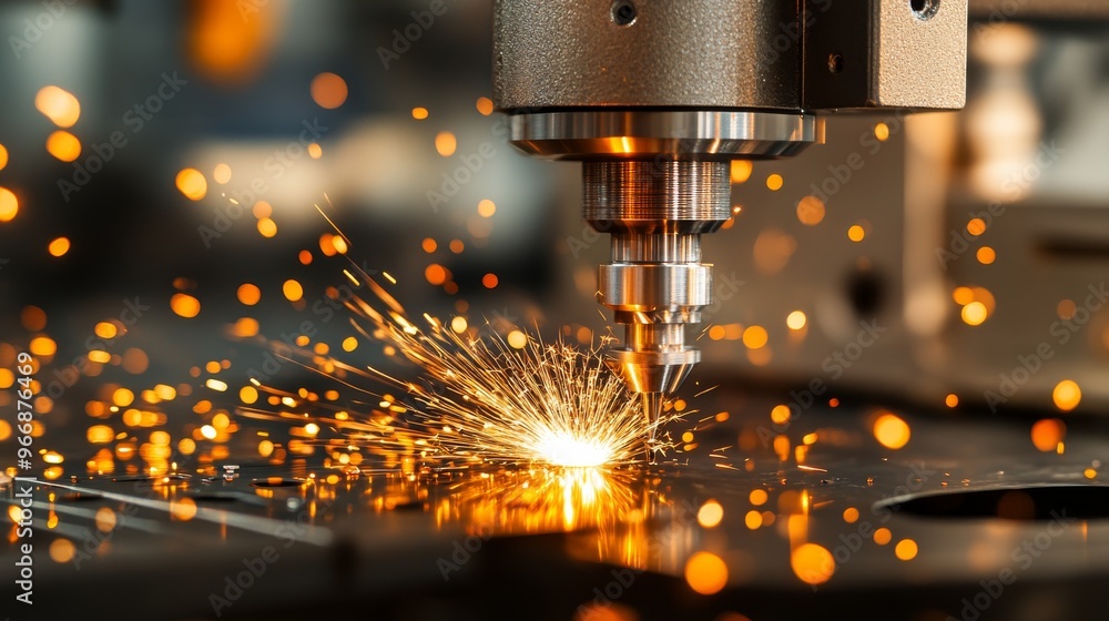 A CNC milling machine operates, with a focused view of the cutting tool as it engages with metal, creating sparks and demonstrating precision machining in action A CNC milling machine operates, with a focused view of the cutting tool as it engages with metal, creating sparks and demonstrating precision machining in action