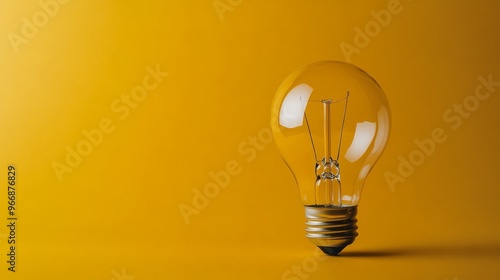 A bright lightbulb stands alone against a solid yellow backdrop, showcasing its clear glass and delicate filament, emphasizing its illuminating qualities and design