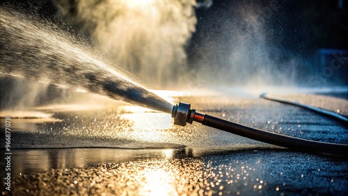 Silhouette fire hose with nozzle against red wet asphalt photo