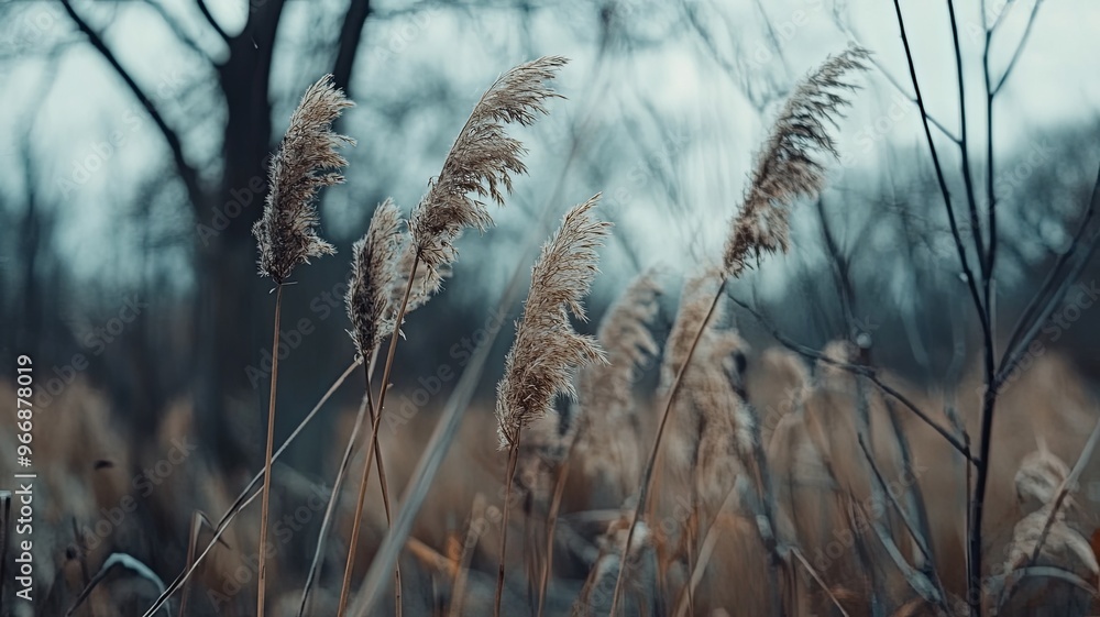 Obraz premium Brown dry ears of grass, reed over blurred grey sky, dark tree branches. Moody autumn, winter landscape. Closeup of fading wild plants. Seed stalks. Defocused background. Seasonal nature concept. 
