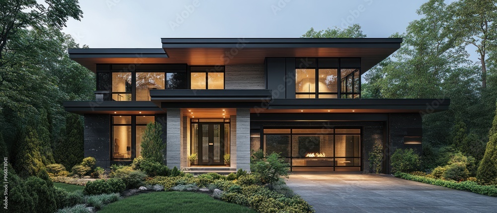 Modern Black and Grey House with Stone Facade and Large Windows Modern Black and Grey House with Stone Facade and Large Windows