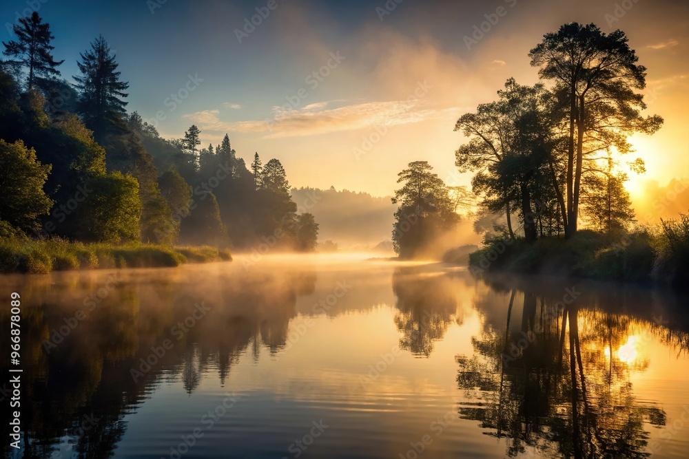 Silhouette morning on the river lake in the forest with misty woods reflection Silhouette morning on the river lake in the forest with misty woods reflection