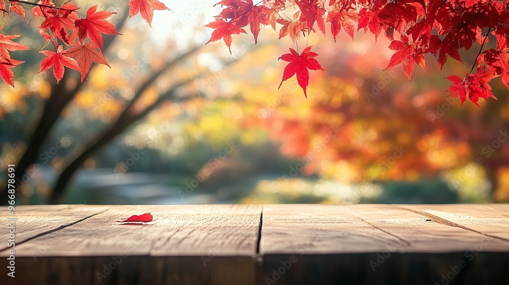 Empty wood table top and blurred autumn tree and red leaf background - can used for display or montage your products Empty wood table top and blurred autumn tree and red leaf background - can used for display or montage your products