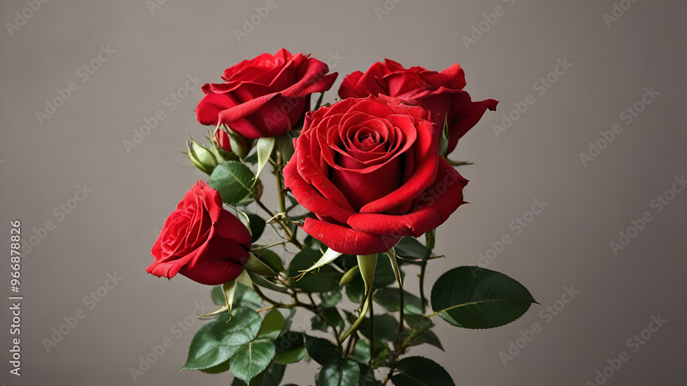 Red ross flowers Bouquet of red roses green leaves gray background,
