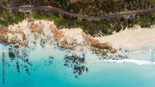 Aerial photo of Campervan parked on the side of scenic road winding around Dunsborough in Southern Western Australia photo