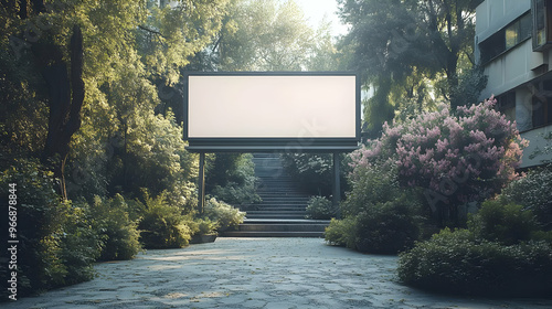 A blank billboard in a lush...