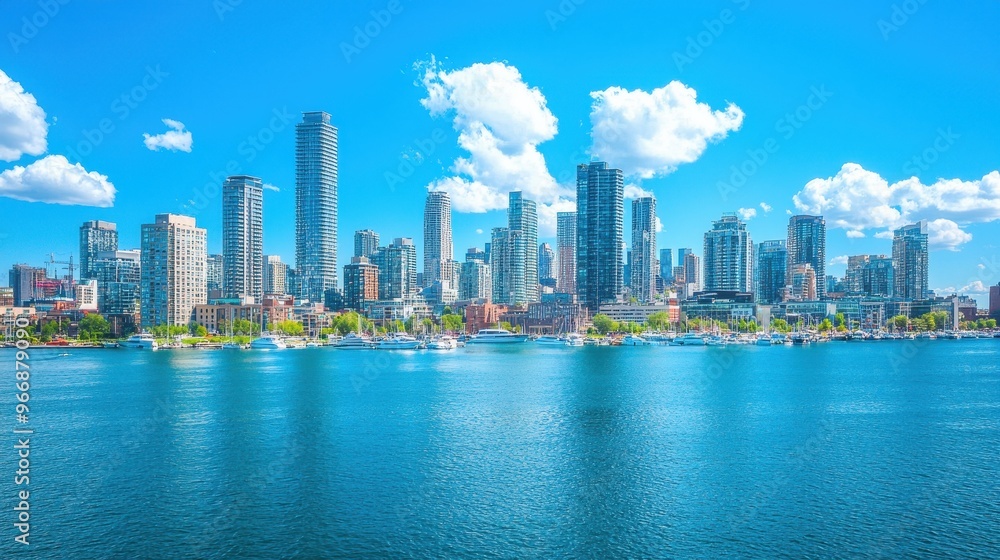 Fototapeta premium Waterfront City Skyline with Boats and Blue Sky