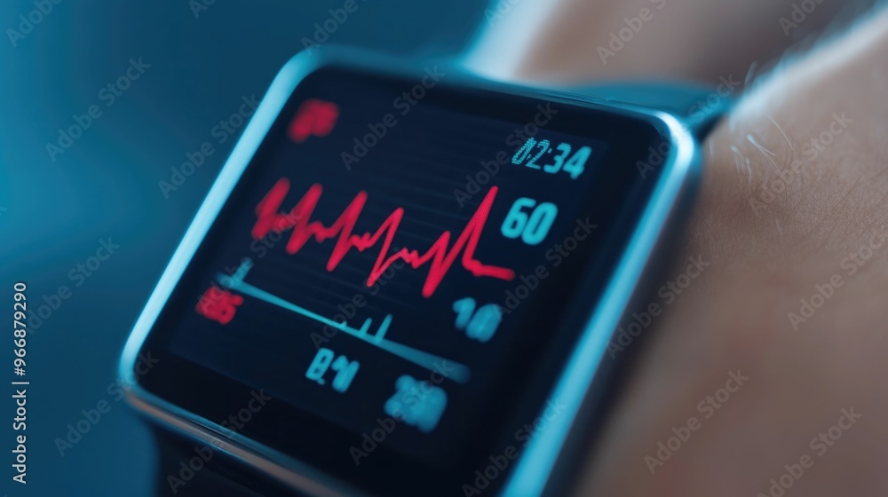 Close up view of a heart rate monitor device displaying real time data and peak heart rate during an intense fitness training session or workout Close up view of a heart rate monitor device displaying real time data and peak heart rate during an intense fitness training session or workout