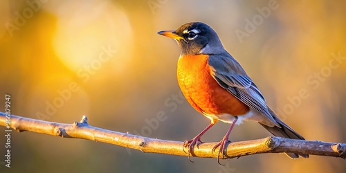Silhouette of American robin perched on branch in early spring morning sunlight