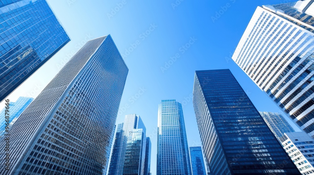 Modern Glass Skyscrapers Upward View Blue Sky Urban Architecture Modern Glass Skyscrapers Upward View Blue Sky Urban Architecture