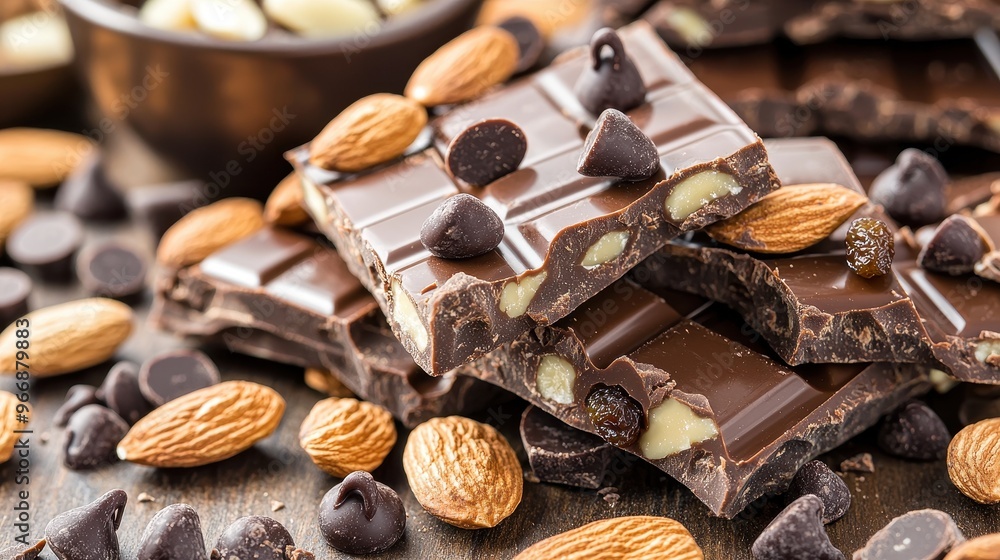 Close Up of Dark Chocolate Bar with Almonds Chocolate Chips and Raisins Close Up of Dark Chocolate Bar with Almonds Chocolate Chips and Raisins