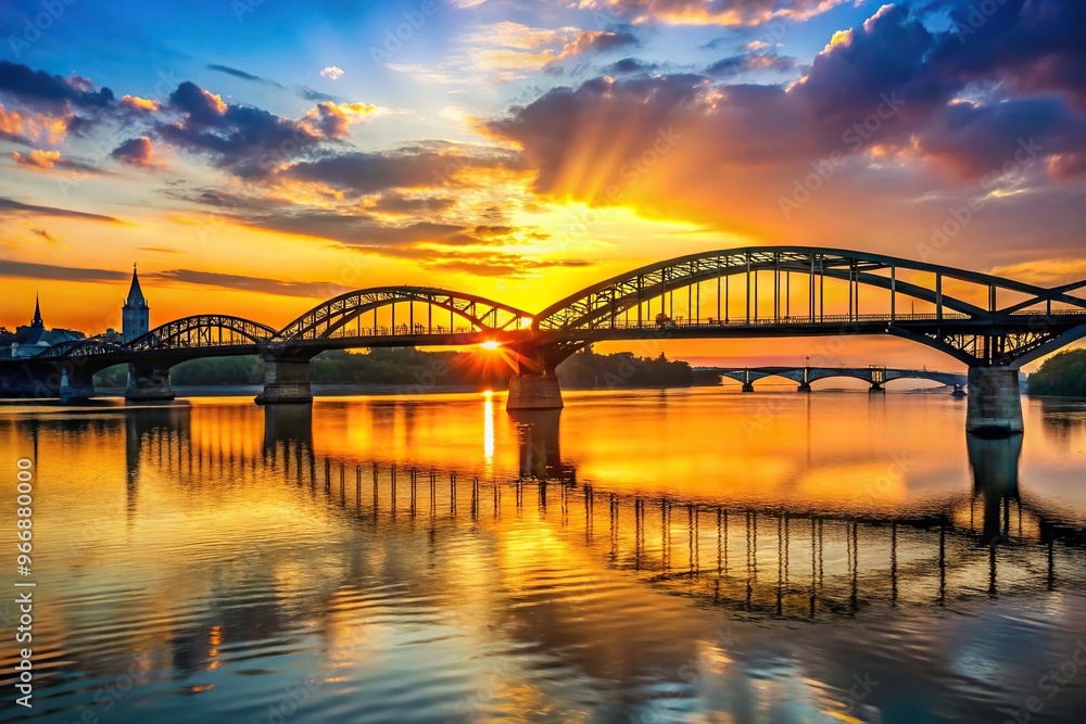 Fototapeta premium Silhouette of bridges over river at sunset in Europe