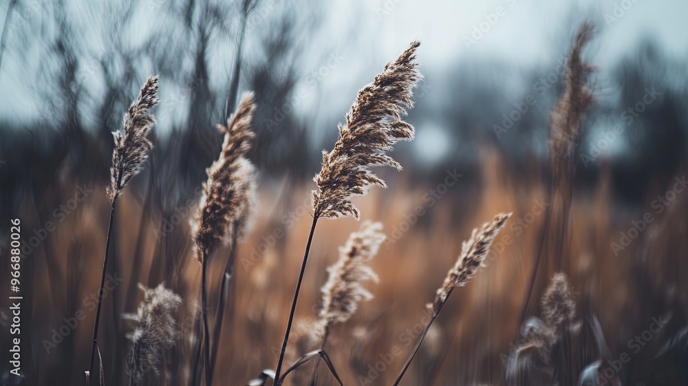 Brown dry ears of grass, reed over blurred grey sky, dark tree branches. Moody autumn, winter landscape. Closeup of fading wild plants. Seed stalks. Defocused background. Seasonal nature concept. Brown dry ears of grass, reed over blurred grey sky, dark tree branches. Moody autumn, winter landscape. Closeup of fading wild plants. Seed stalks. Defocused background. Seasonal nature concept.