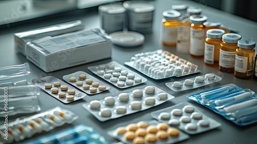 15. A variety of testosterone replacement therapy options, including patches, gels, and injectables, displayed neatly on a smooth, clinical background. Each item is well-lit, emphasizing the