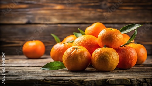 Silhouette of bright oranges on rustic wooden surface with blurry backdrop