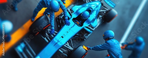 A stunning overhead view of a blue racing car during a fast-paced pit stop with team members actively engaged in the process.