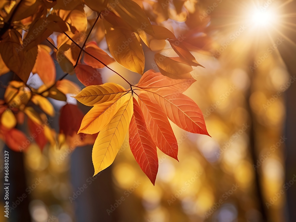 Vibrant autumn foliage with sunlight rays streaming through colorful leaves in serene forest landscape
Vibrant autumn foliage with sunlight rays streaming through colorful leaves in serene forest landscape