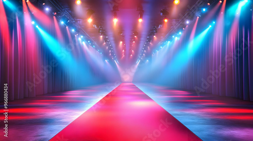 A brightly lit runway with colorful lights and curtains, designed for fashion events. photo