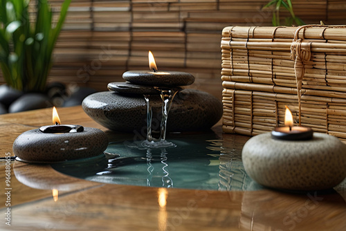 Serene spa environment with a bamboo fountain and carefully arranged zen stones, embodying tranquility, relaxation, and natural serenity.
