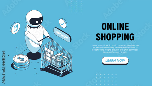 Isometric online shopping bot poster. Internet bot with cart. Virtual assistant and helper with bag and gift. Client and customer. Landing webpage design. Linear vector illustration