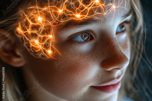 Latent space neurocognitive interface and neural transmission woman gazing at neural network symbolizing advanced brain technology and cognitive stimulation photo