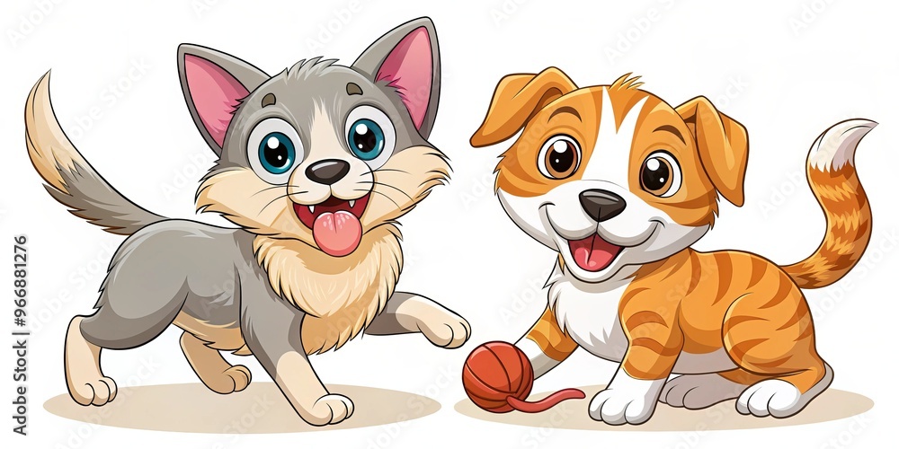 Fototapeta premium A happy cat with a fluffy coat and a goofy dog with a wagging tongue frolic together, their