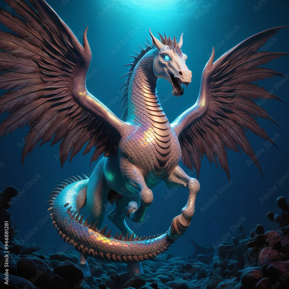 A colossal, winged pegasus, the undisputed ruler of the deep, its serpentine body covered in iridescent scales that shimmer in the abyss A colossal, winged pegasus, the undisputed ruler of the deep, its serpentine body covered in iridescent scales that shimmer in the abyss