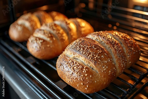 Freshly Baked Seeded Bread Loaves on a Baking Rack