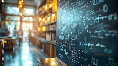 A chalkboard filled with mathematical equations in a cozy library setting.