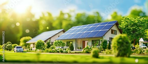 beautiful home with  solar panels  on the roof and  a car  parked in the driveway