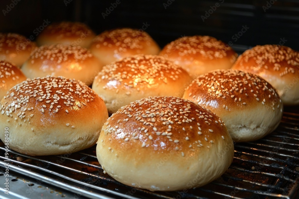 Freshly Baked Sesame Seed Buns Cooling on a Wire Rack Freshly Baked Sesame Seed Buns Cooling on a Wire Rack