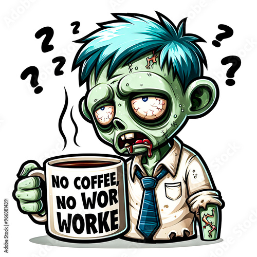 A tired zombie with a “No Coffee, No Workie” mug, looking grumpy and sleep-deprived t-shirt design vector art illustration image.
 photo