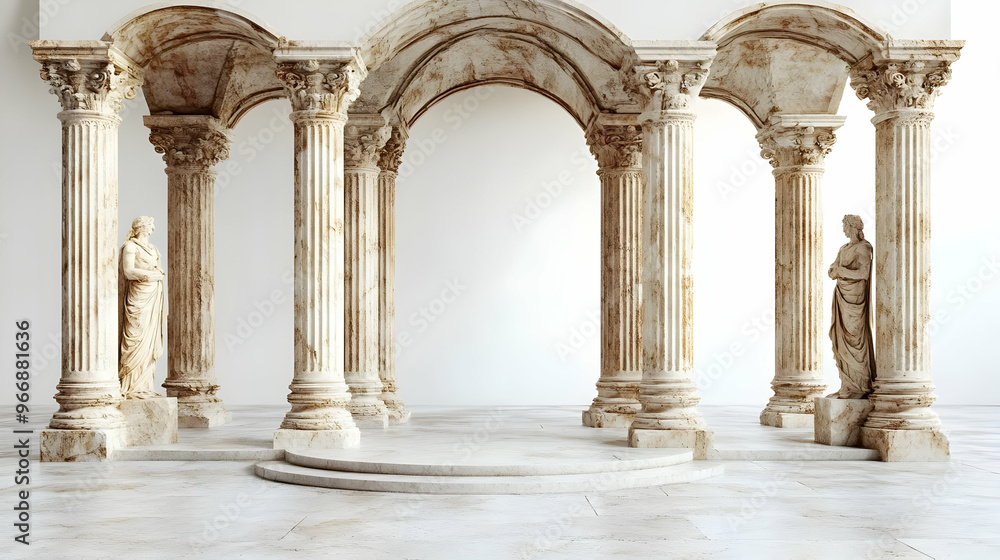 Fototapeta premium A classical architectural setting with columns and statues in a minimalist environment.