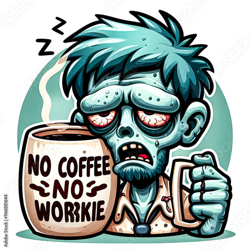 A tired zombie with a “No Coffee, No Workie” mug, looking grumpy and sleep-deprived t-shirt design vector art illustration image.
 photo