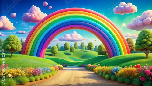 A kaleidoscope of colors arched across a soft, fluffy landscape, as if a unicorn had vomited a pot