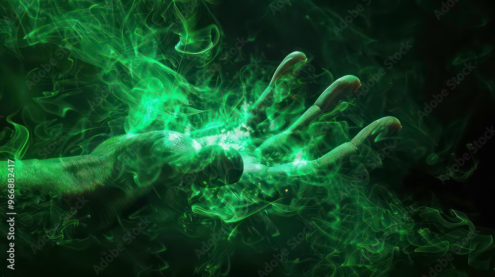 A translucent hand with green smoke swirling around it against a black background. A translucent hand with green smoke swirling around it against a black background.