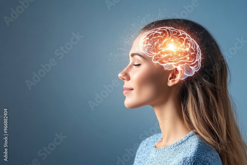 Brain mapping perceptual binding and brain machine interface side profile of a woman with neural brain mapping signifying creative thinking and cognitive exploration