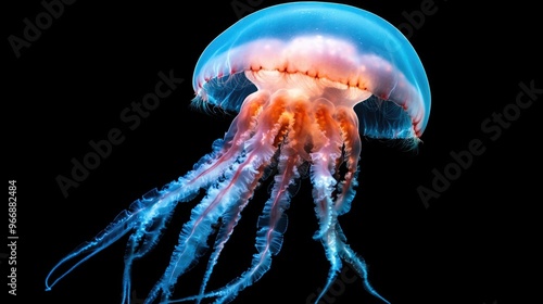 Captivating image of a jellyfish drifting gracefully through the serene bioluminescent waters of the deep sea emitting a mesmerizing glow in the dark mysterious environment