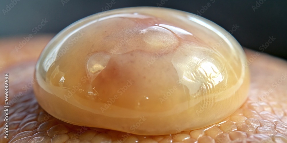 A large, translucent myxoid cyst features a smooth, rounded surface and a thick, gelatinous content that appears A large, translucent myxoid cyst features a smooth, rounded surface and a thick, gelatinous content that appears