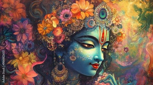 Krishna, the Divine Avatar, Embraced by the Beauty of Flowers