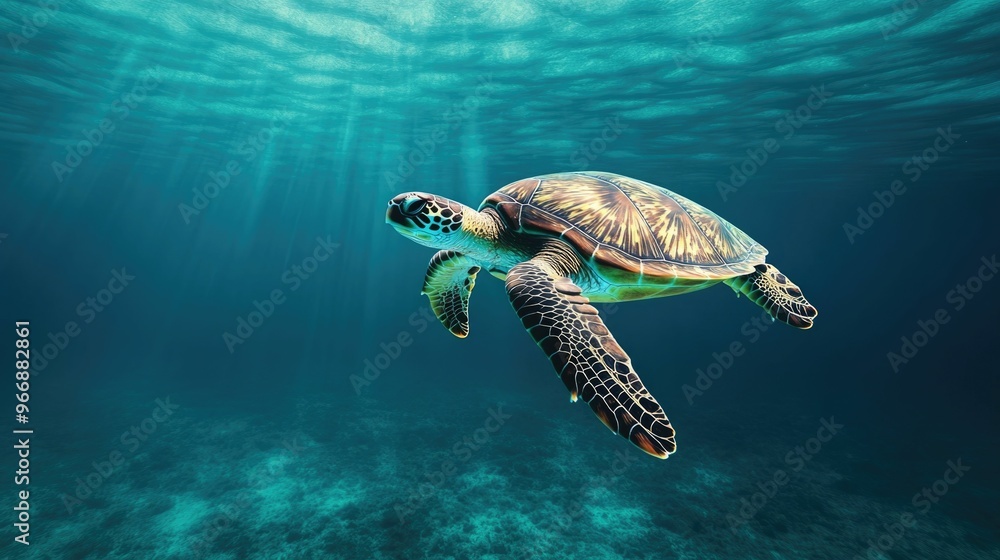 Fototapeta premium Majestic Giant Sea Turtle Gliding Gracefully Through the Tranquil Blue Waters of an Underwater Ocean Ecosystem Surrounded by Coral Reefs and Lush Marine Life
