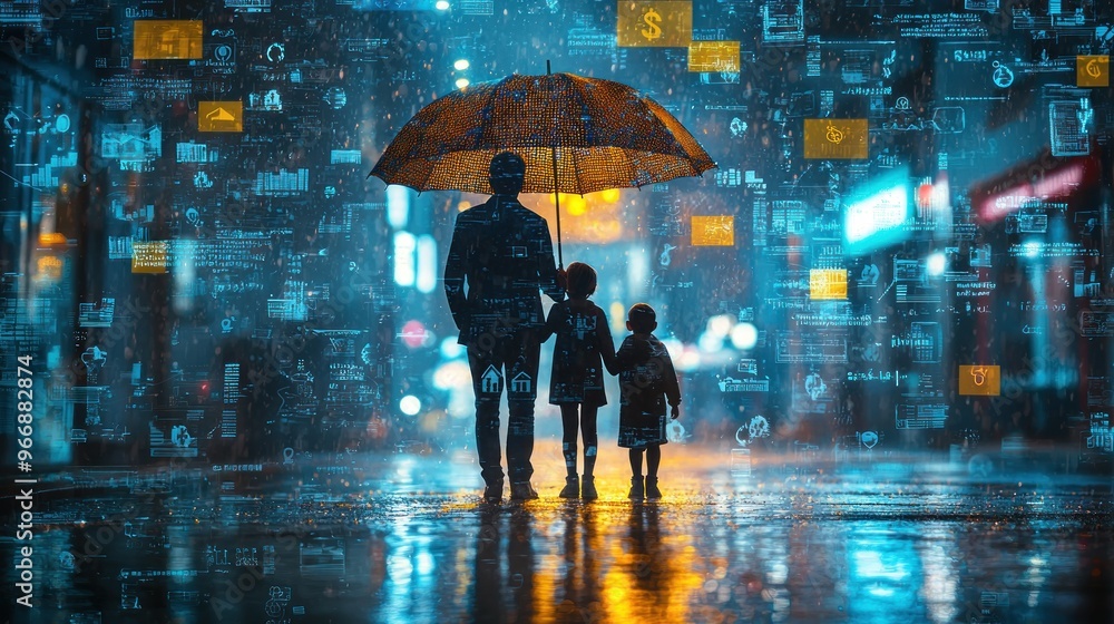 Obraz premium Shielding Wealth: Family Standing under Umbrella Amid Financial Storm for Protection from Economic Uncertainty