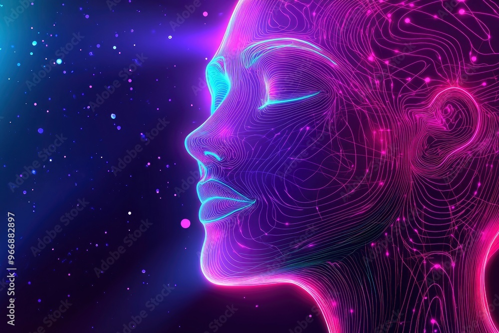 Neon face silhouette in cyberspace. Digital technology abstract conceptual banner. Human neon face in future tech line art style. Neural network mind in digital virtual reality. with generative ai Neon face silhouette in cyberspace. Digital technology abstract conceptual banner. Human neon face in future tech line art style. Neural network mind in digital virtual reality. with generative ai