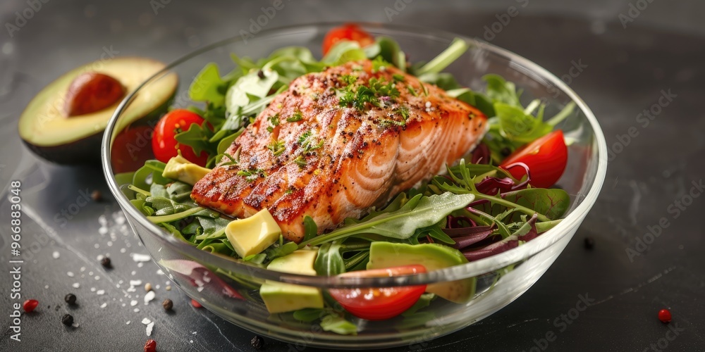 Salmon with Green Salad Avocado and Cherry Tomato in Glass Bowl Salmon with Green Salad Avocado and Cherry Tomato in Glass Bowl