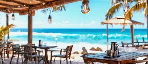 a beach bar with  a beautiful ocean view