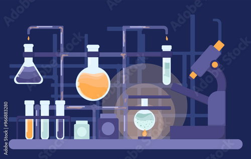 Laboratory at night. Microscope and flasks with reagents. Equipment for chemical scientific experiments and research of compounds. Glassware in lab. Flat vector illustration