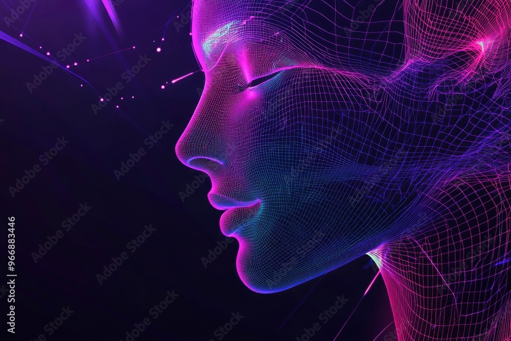 Neon face silhouette in cyberspace. Digital technology abstract conceptual banner. Human neon face in future tech line art style. Neural network mind in digital virtual reality. with generative ai Neon face silhouette in cyberspace. Digital technology abstract conceptual banner. Human neon face in future tech line art style. Neural network mind in digital virtual reality. with generative ai